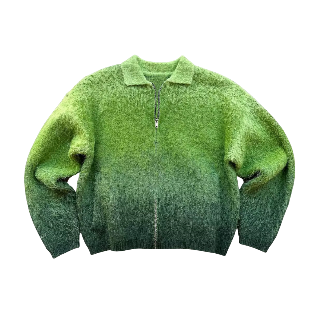 Matcha Green Fuzzy Mohair Zip Up Sweater Cozy Knit Jacket